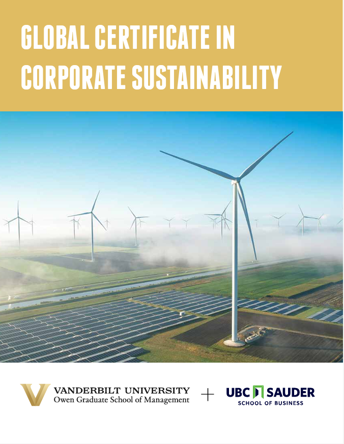Cover of program guide for Global Certificate in Corporate Sustainability offered in partnership between Vanderbilt Business and UBC Sauder.